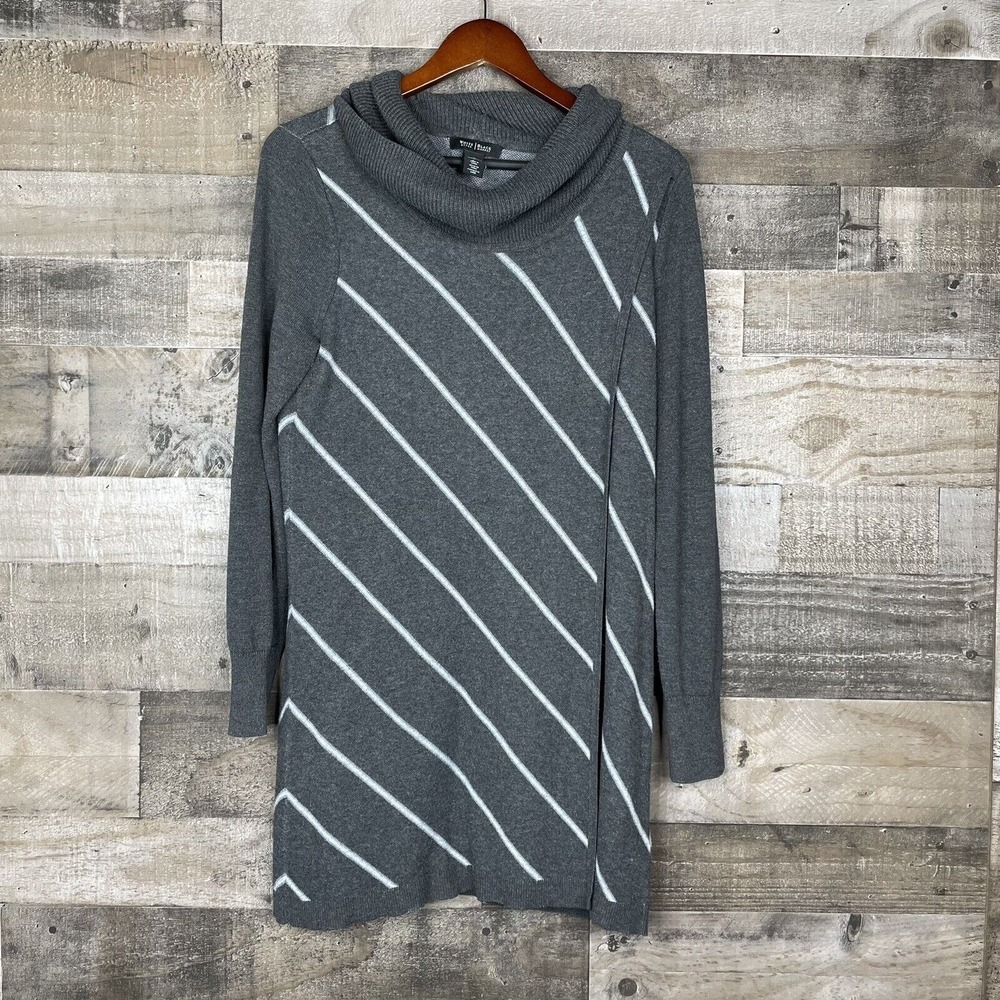 White House Black Market Womens M Pullover Wrap Sweater Gray Striped Turtleneck